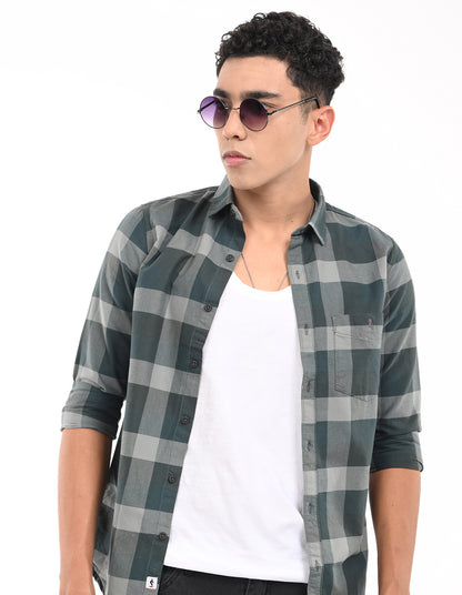 Men's Green|Grey Slim Fit Oxford Checks Casual Shirt