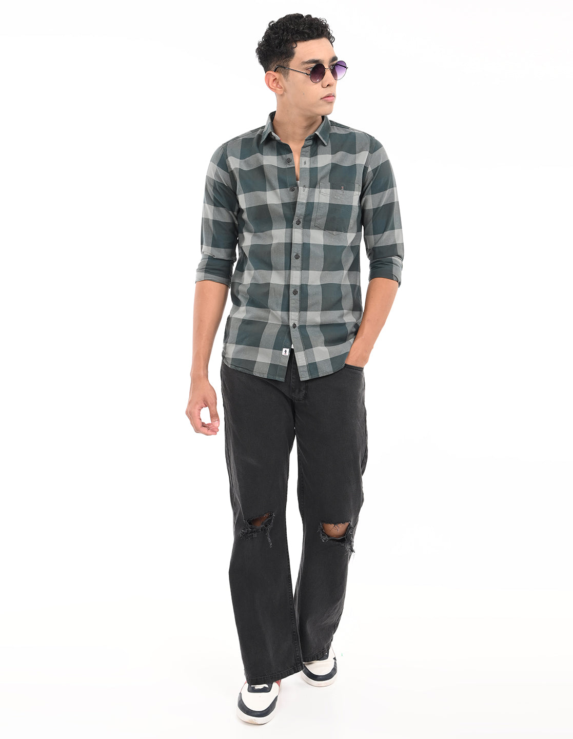 Men's Green|Grey Slim Fit Oxford Checks Casual Shirt