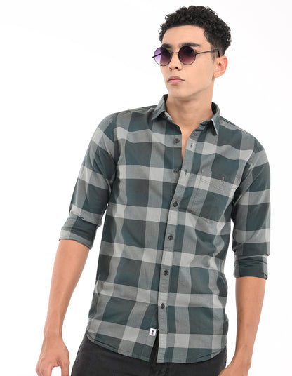 Men's Green|Grey Slim Fit Oxford Checks Casual Shirt