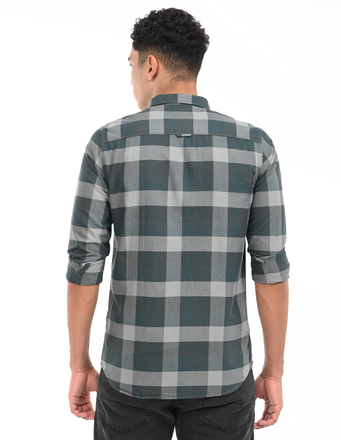 Men's Green|Grey Slim Fit Oxford Checks Casual Shirt