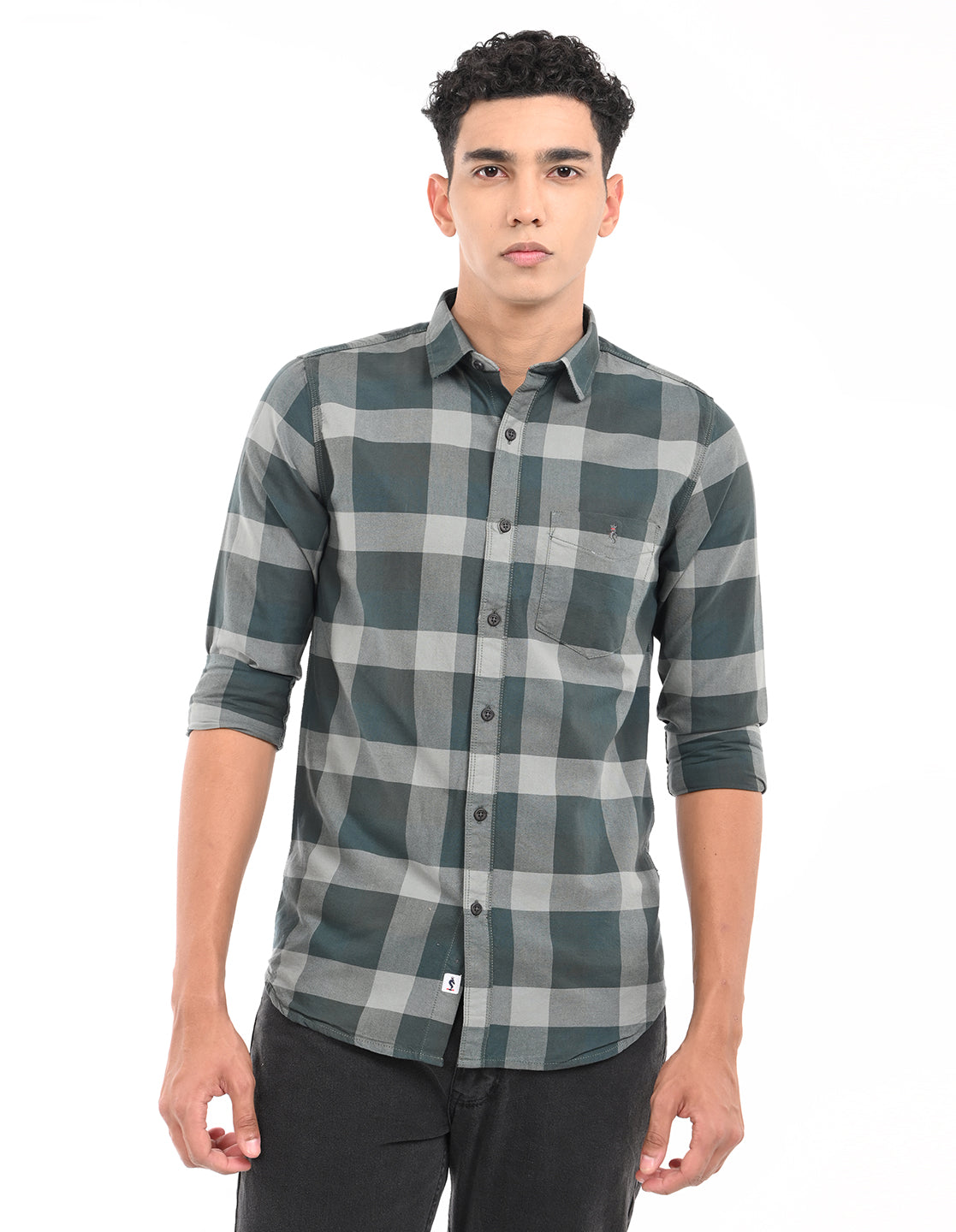 Men's Green|Grey Slim Fit Oxford Checks Casual Shirt