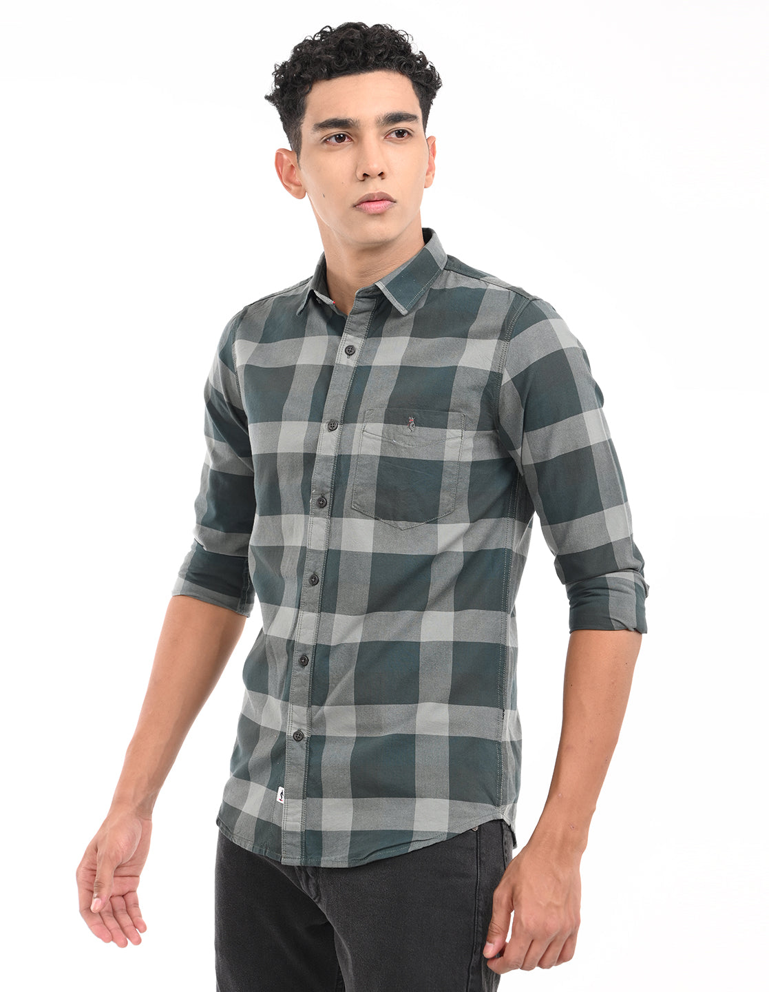 Men's Green|Grey Slim Fit Oxford Checks Casual Shirt