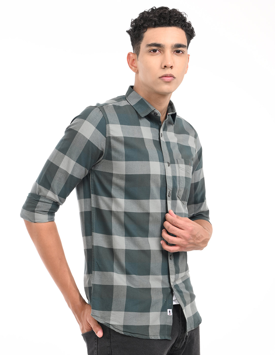 Men's Green|Grey Slim Fit Oxford Checks Casual Shirt