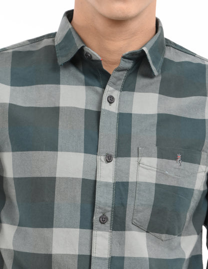 Men's Green|Grey Slim Fit Oxford Checks Casual Shirt